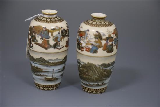 A fine pair of Japanese Satsuma pottery ovoid vases, by Yabu Meizan, Meiji period, H.12cm